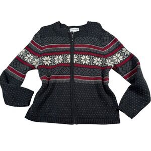 VTG Croft Barrow Women Petite XL Snowflake Fair Isle Zip Cardigan Sweater Nordic